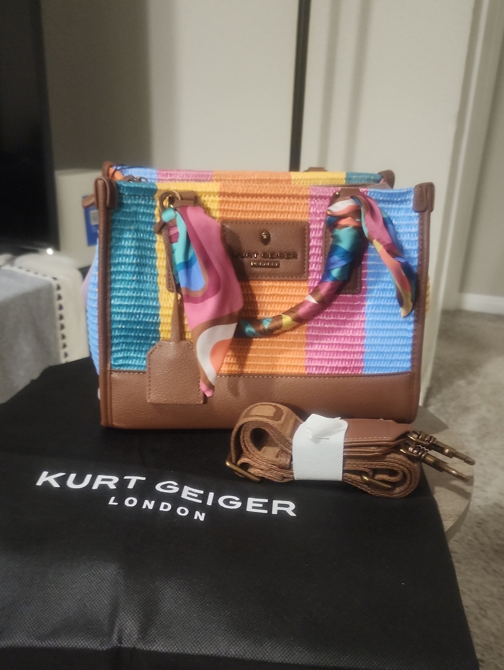 Kurt Geiger Multicolor Striped Tote with Brown Trim and Scarf